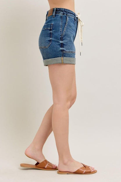Judy Blue high-rise drawstring denim shorts with rolled cuffs, casual women's jean shorts perfect for warm weather.