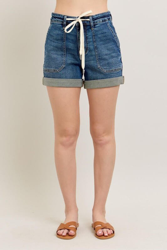 Judy Blue high-rise denim shorts with drawstring waist and rolled cuffs, women's casual jean shorts for summer wear