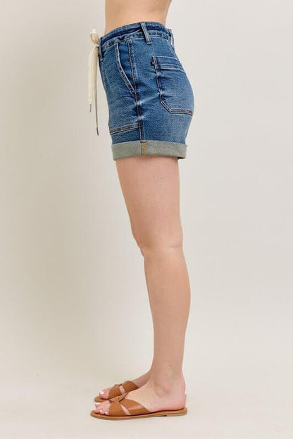 Judy Blue high-rise drawstring denim shorts with rolled cuffs, casual women's jean shorts for a stylish summer look.