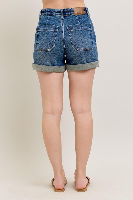 Judy Blue high-rise drawstring denim shorts with rolled cuffs for women, casual bottoms perfect for warm weather.