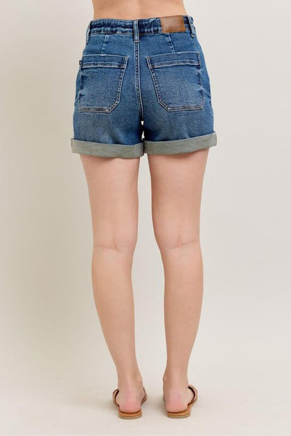 Judy Blue high-rise drawstring denim shorts with rolled cuffs for women, casual bottoms perfect for warm weather.