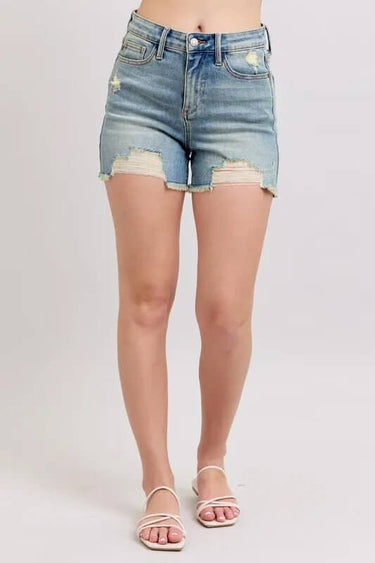 Judy Blue High Rise Washed Fly Stitch Detail and Destroy Denim Shorts - Cowgirl Charm
