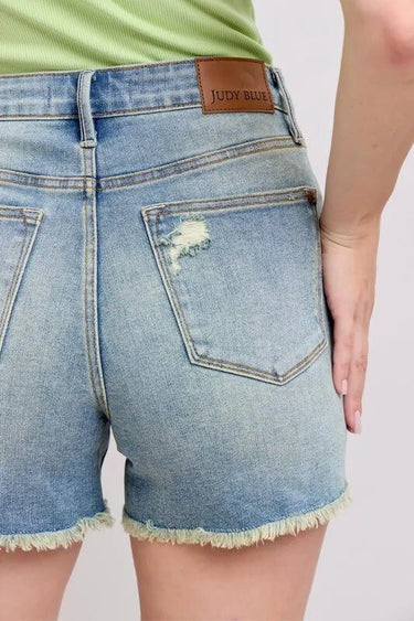 Judy Blue High Rise Washed Fly Stitch Detail and Destroy Denim Shorts - Cowgirl Charm