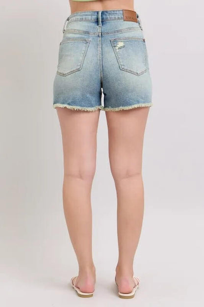 Judy Blue high-rise washed denim shorts with fly stitch detail and distressed destroy design, casual summer bottoms.