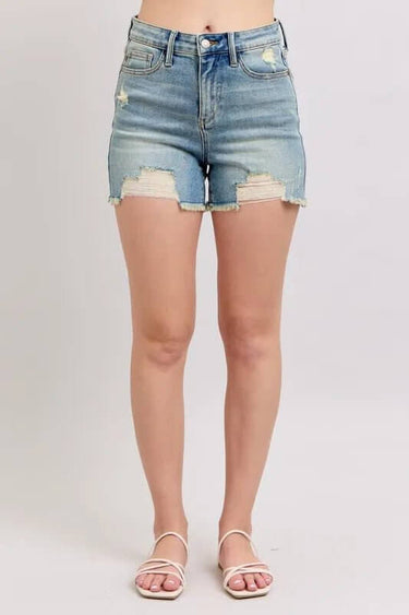 Judy Blue High Rise Washed Fly Stitch Detail and Destroy Denim Shorts - Cowgirl Charm