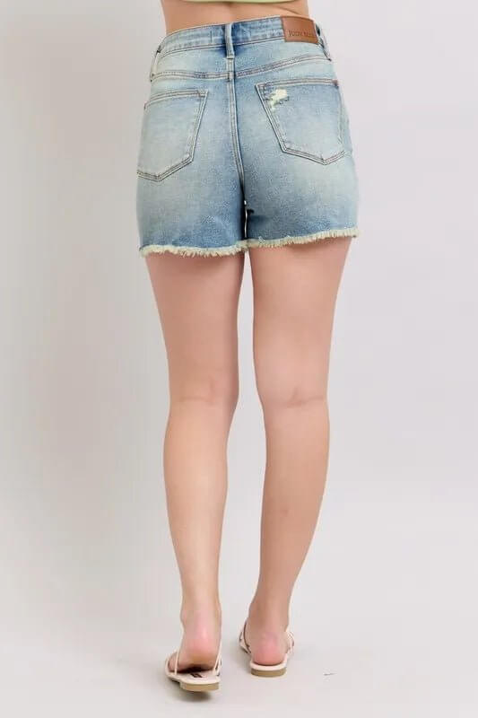 Judy Blue high-rise washed denim shorts with fly stitch detail and distressed destroy design, casual bottoms for warm weather.