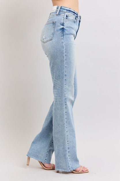 Light wash Judy Blue high waist dad jeans with relaxed fit, showcasing classic denim style and comfortable fit.