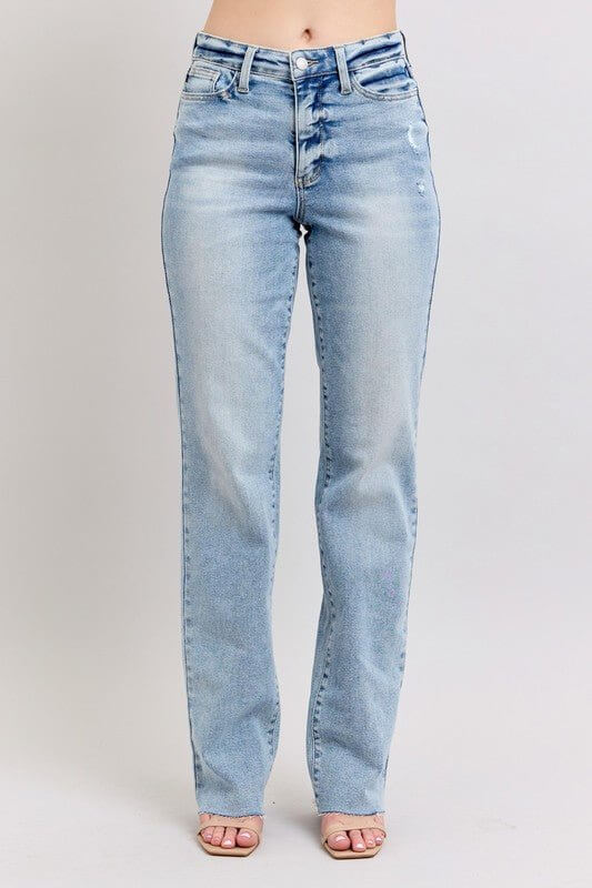 Light wash Judy Blue high waist dad jeans with relaxed fit, showcasing classic denim style and comfortable fit.
