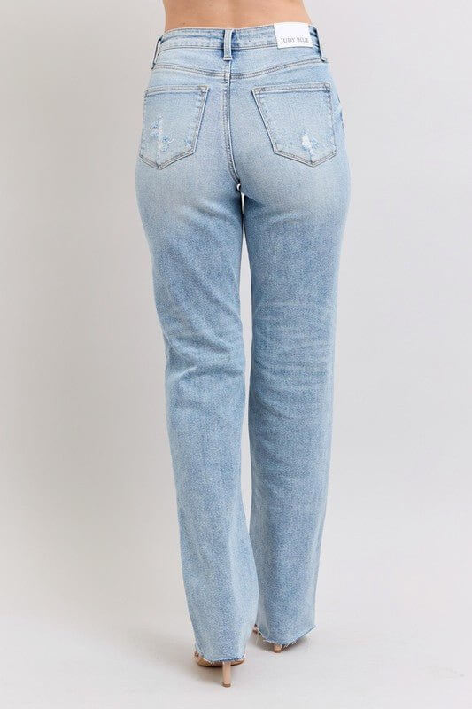 Light wash Judy Blue high waist dad jeans with relaxed fit, showcasing classic denim style and comfortable fit.