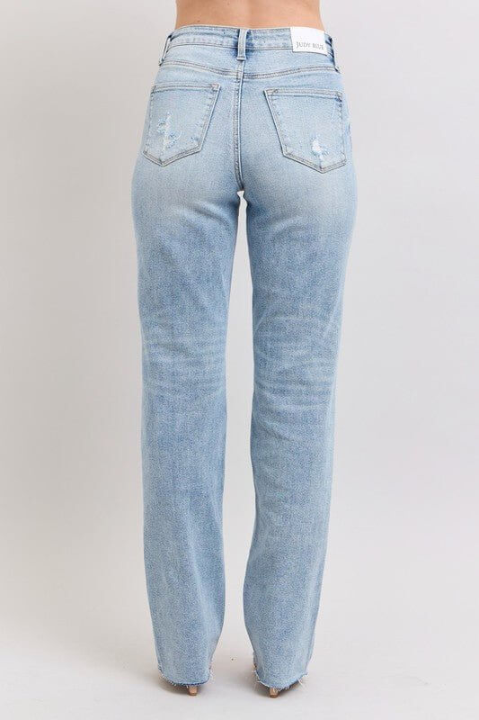 Light wash Judy Blue high waist dad jeans with relaxed fit denim, showcasing classic five-pocket style and casual fit.