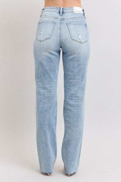 Light wash Judy Blue high waist dad jeans with relaxed fit denim, showcasing classic five-pocket style and casual fit.