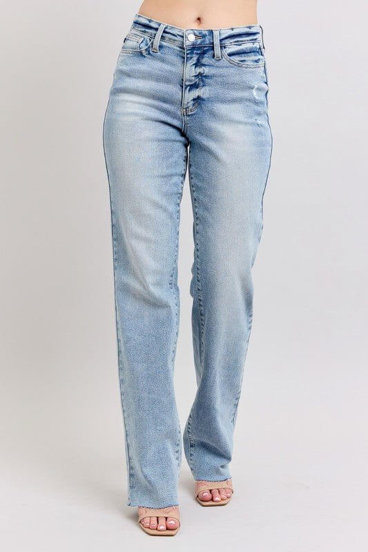 Light wash Judy Blue high waist dad jeans with relaxed fit, showcasing classic denim design and comfortable fit.