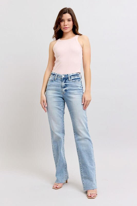 Light wash Judy Blue high waist dad jeans with relaxed fit, showcasing classic denim style and comfortable fit.