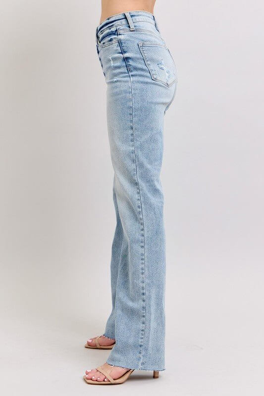 Judy Blue high waist light wash dad jeans with relaxed fit, showcasing classic denim style and casual fit.