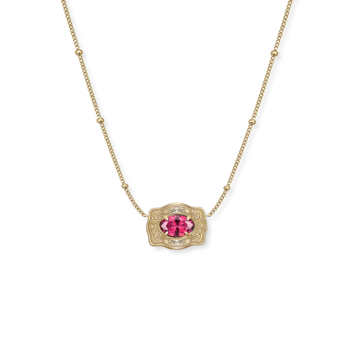 Spurwest Ultra Mini Belt Buckle Birthstone Necklace featuring July (Ruby) birthstone, delicate jewelry accessory with a mini buckle design.