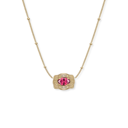Spurwest Ultra Mini Belt Buckle Birthstone Necklace featuring July (Ruby) birthstone, delicate jewelry accessory with a mini buckle design.