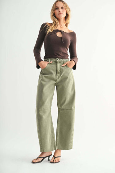 Just Black Denim Barrel Leg Jeans – Olive Green - Cowgirl Charm