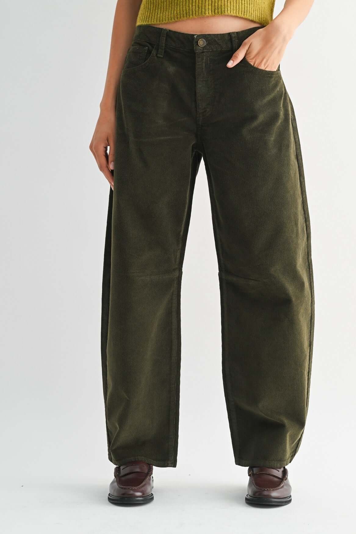 Women’s olive corduroy barrel leg pants by JBD Just Black Denim, high-rise denim trousers with a relaxed fit and stylish silhouette.