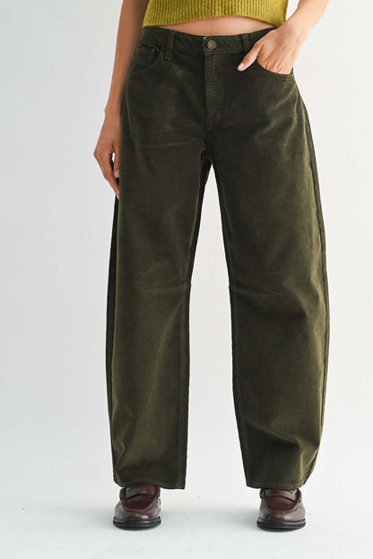 Women’s olive corduroy barrel leg pants by JBD Just Black Denim, high-rise denim trousers with a relaxed fit and stylish silhouette.