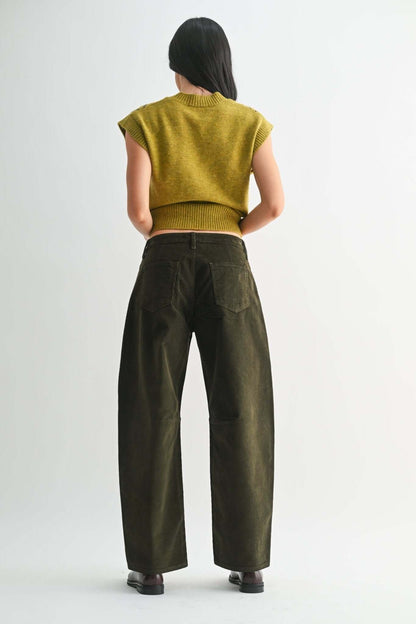 Women’s olive corduroy barrel-leg pants by JBD Just Black Denim, high-rise denim trousers with a relaxed fit.