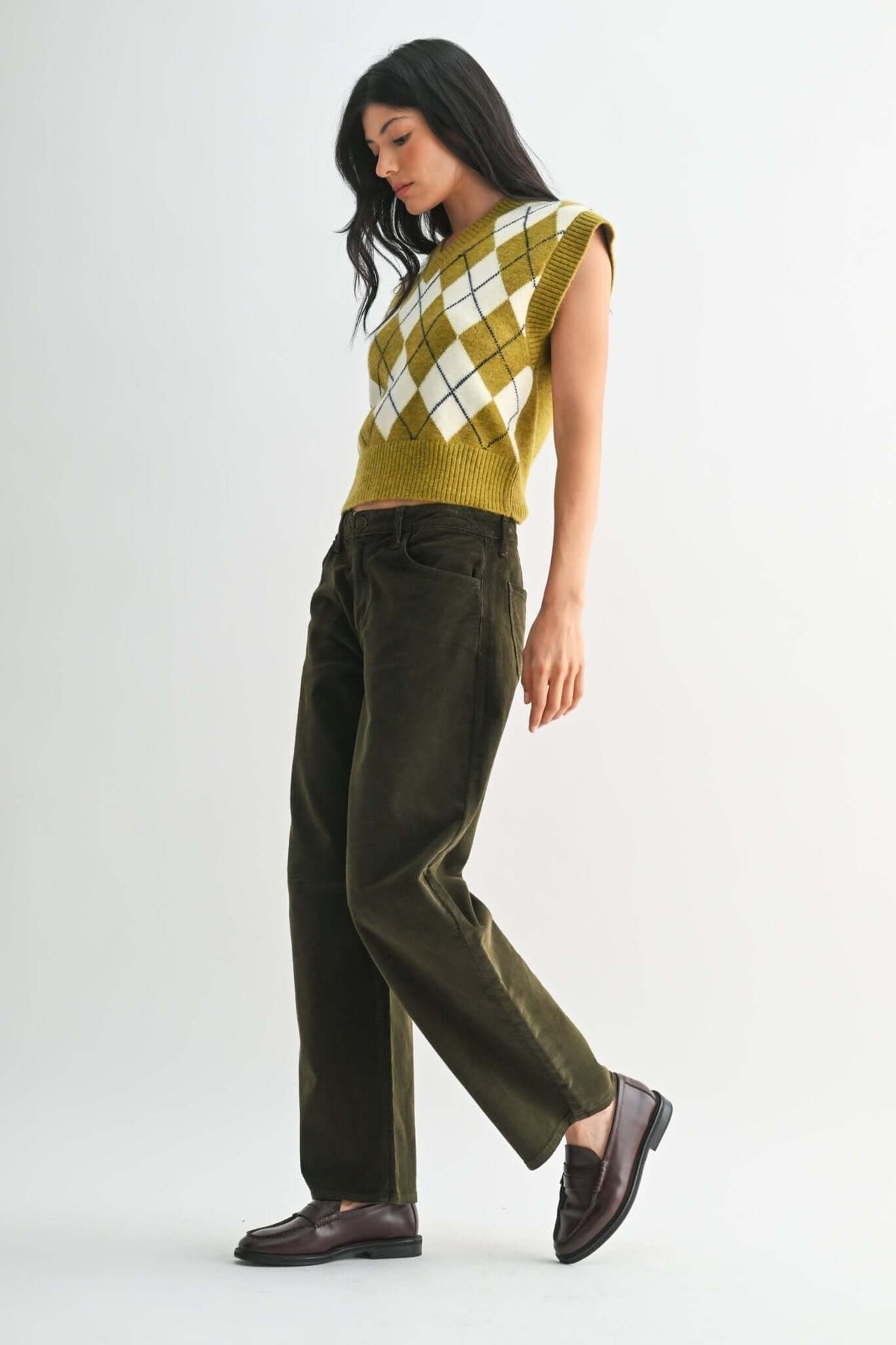 Women’s high-rise olive corduroy barrel-leg pants by JBD Just Black Denim, showcasing the stylish denim bottoms with a relaxed fit.