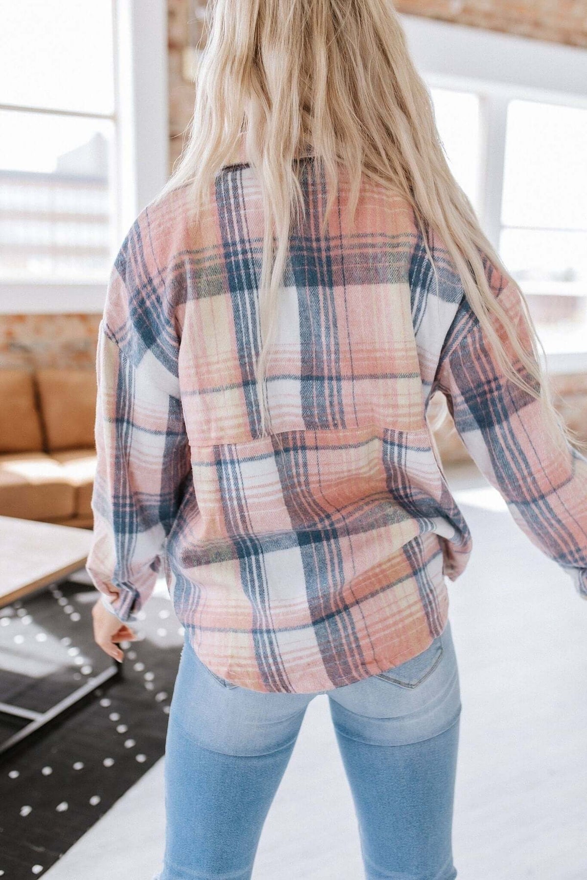 Liam & Company Kelsea Plaid Shacket in size S-2XL, stylish outerwear with classic plaid pattern and button-up front.