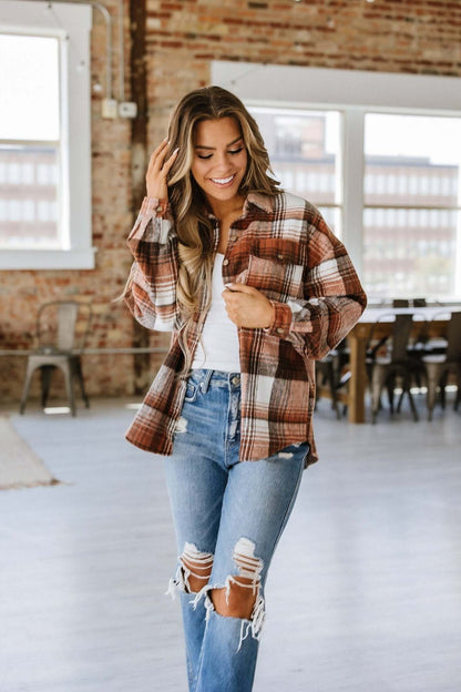 Liam & Company Kelsea plaid shacket in blue and white, cozy outerwear with button front and chest pockets, size 2XL.