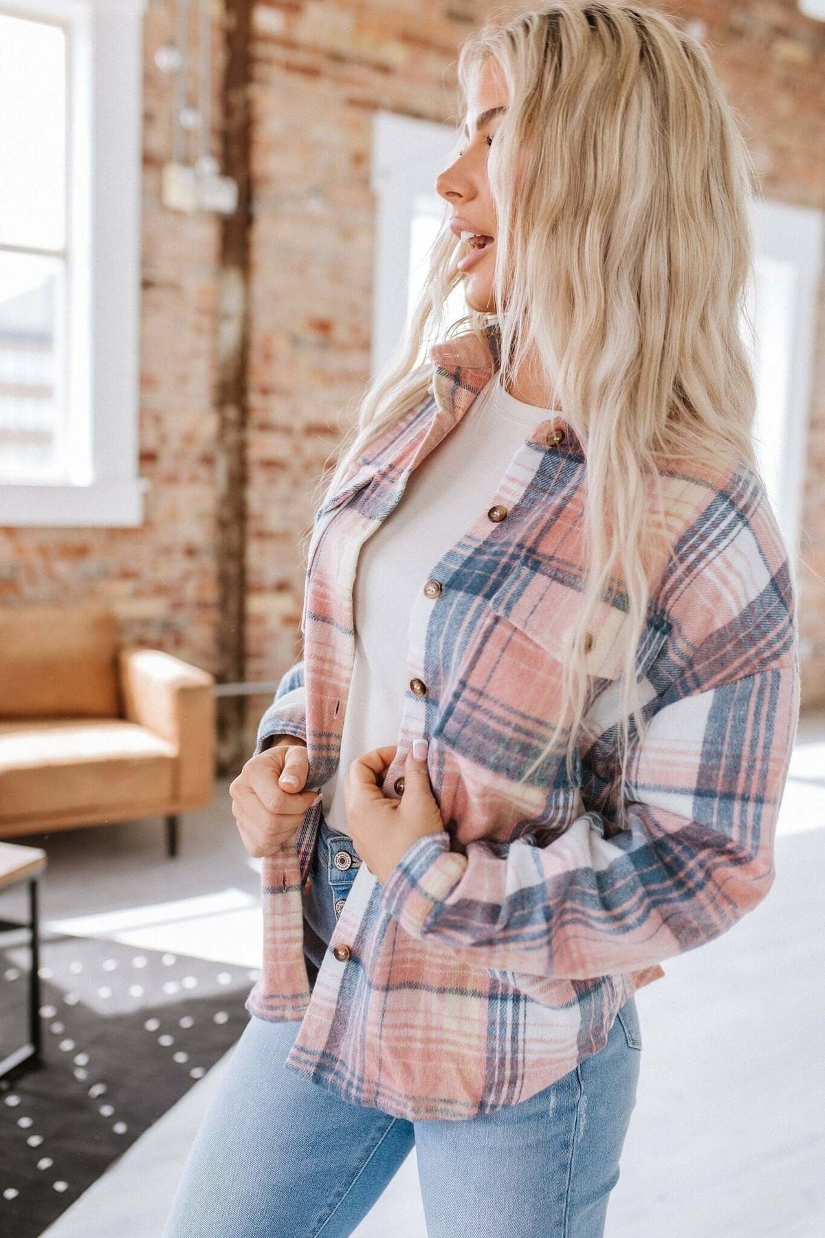Liam & Company Kelsea Plaid Shacket in blue and gray, stylish outerwear with button-up front and plaid pattern, size 2XL