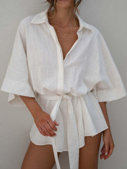 Cowgirl Charm Kim Caven pink and white collared neck belted romper set with half sleeves, casual chic style.