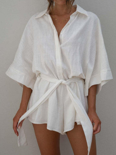 Kim Caven Collared Neck Belted Half Sleeve Romper Set – Casual Chic in Pink & White - Cowgirl Charm