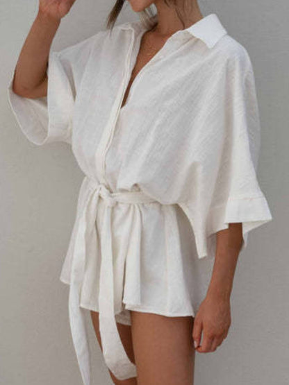 Cowgirl Charm Kim Caven pink and white collared neck belted romper set with half sleeves, casual chic style, perfect for relaxed outings.