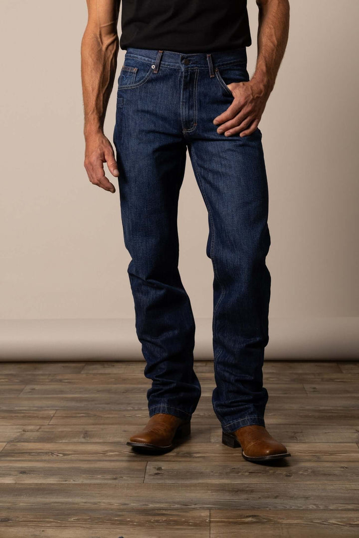 Kimes Ranch Dillon Jeans, men's denim bottoms featuring classic fit, dark wash, and stitching details.