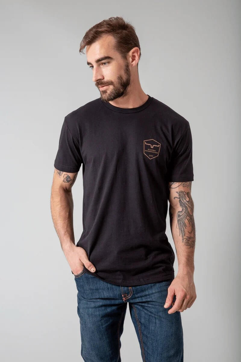 Kimes Ranch shielded Trucker T-shirt featuring a graphic design, casual fit, and comfortable cotton fabric.