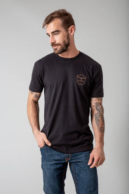 Kimes Ranch shielded Trucker T-shirt featuring a graphic design, casual fit, and comfortable cotton fabric.