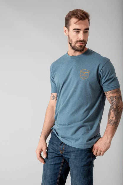 Kimes Ranch shielded trucker T-shirt with graphic design, casual style, lightweight cotton, and classic trucker cap look.
