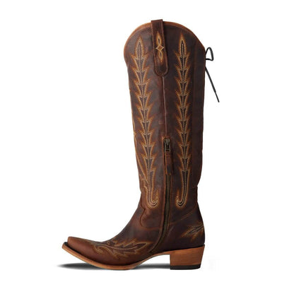 Lane Boots Lexington knee-high corset boots in cognac leather, featuring a stylish lace-up design and pointed toe.