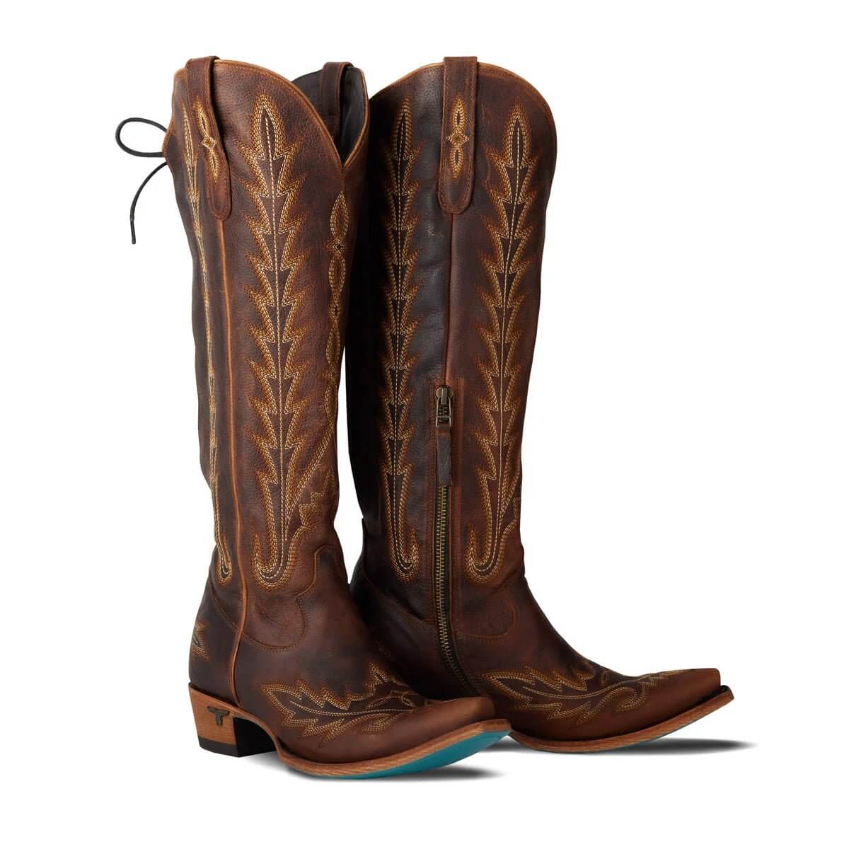 Lane Boots Lexington knee-high corset boots in cognac leather, featuring a stylish corset design and pointed toe.