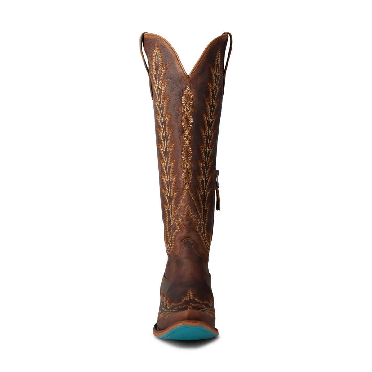 Lane Boots Lexington knee-high corset boots in cognac leather with lace-up design and pointed toe.