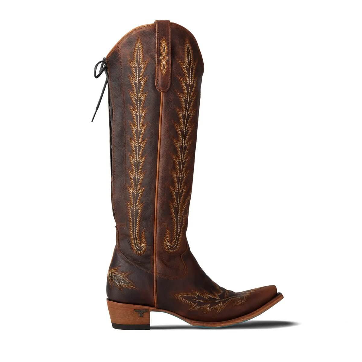 Lane Boots Lexington knee-high corset boots in cognac leather showing detailed lacing and sleek design.