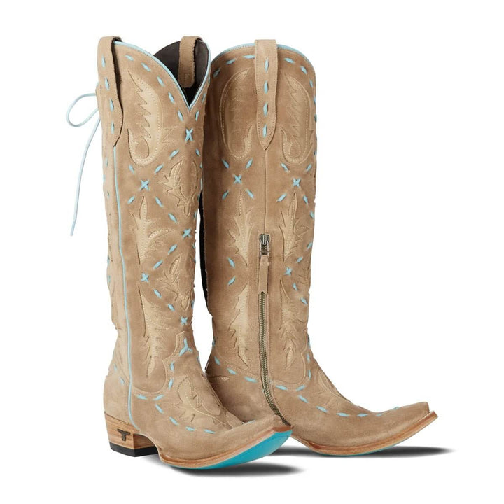 Lane Boots Reverie Knee High Corset - Latte Suede and Powder Blue - Cowgirl Charm