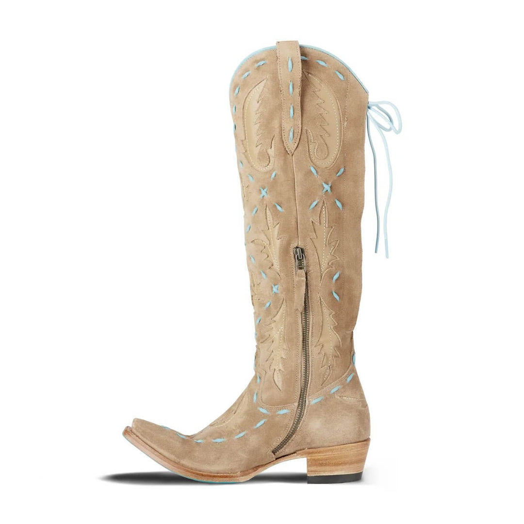 Lane Boots Reverie Knee High Corset - Latte Suede and Powder Blue - Cowgirl Charm