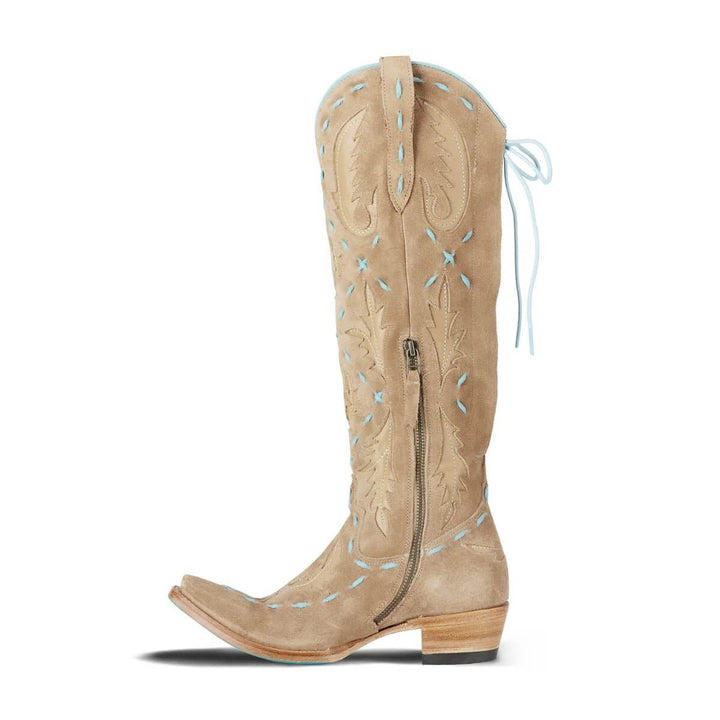 Lane Boots Reverie Knee High Corset - Latte Suede and Powder Blue - Cowgirl Charm