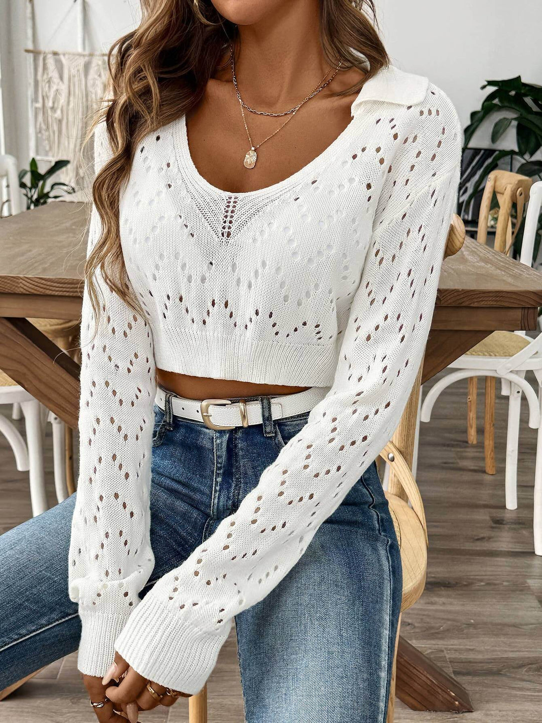LAPEL POLO NECK CUTOUT CROP PULLOVER SWEATER - Cowgirl Charm