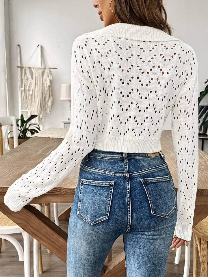 LAPEL POLO NECK CUTOUT CROP PULLOVER SWEATER - Cowgirl Charm