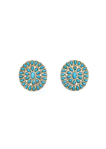 Large Gold and Turquoise Cluster Post Earring - Cowgirl Charm