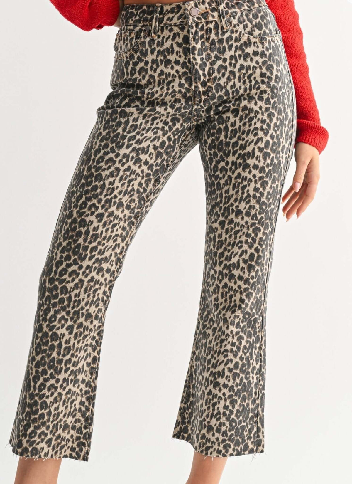 JBD Just Black Denim leopard print distressed hem jeans, stylish bottoms with ripped details and bold animal print design.