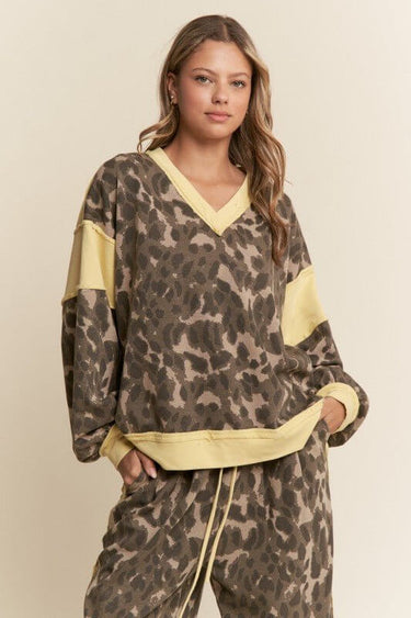 Leopard Print V Neck Patchwork Sweater Top - Cowgirl Charm