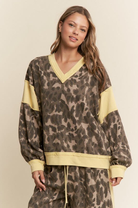 Leopard Print V Neck Patchwork Sweater Top - Cowgirl Charm