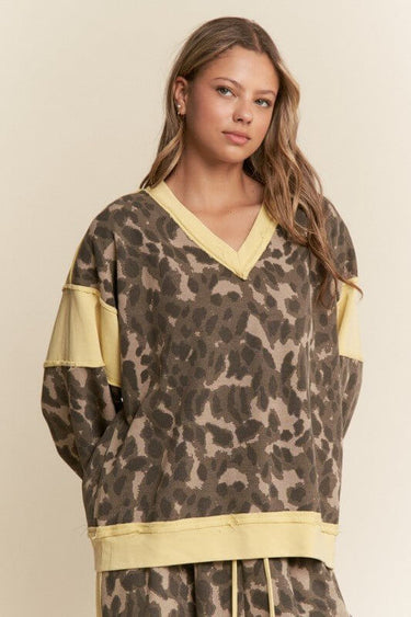 Leopard Print V Neck Patchwork Sweater Top - Cowgirl Charm