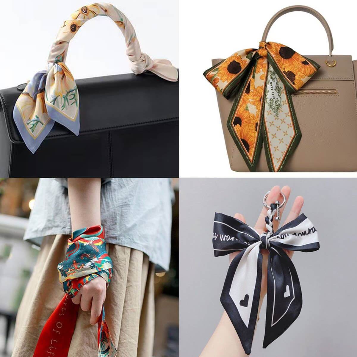 ACCITY Letter Floral Twilly Scarf styled as a hair ribbon and bag tie, featuring a colorful floral and letter pattern.